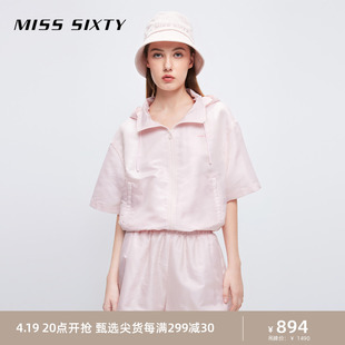 Miss Sixty短外套女可收连帽宽松短袖薄款甜美减龄浅粉色风衣上衣