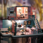 DIY小屋手工拼装别墅玩具木屋微缩粉系咖啡馆带餐桌房子模型成品
