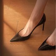 黑色高跟鞋2023春季法式少女职业黑色工作鞋细跟尖头单鞋