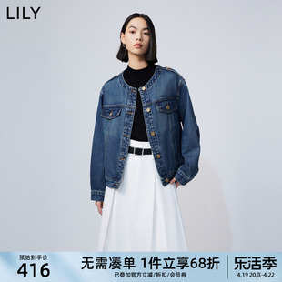 lily2024春女装复古小香风全棉，休闲通勤舒适圆领，长袖牛仔外套