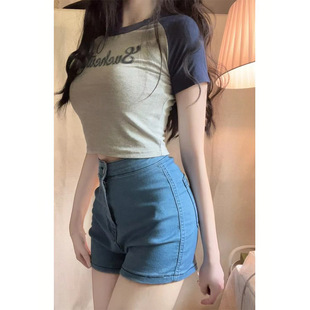 高腰复古显瘦包臀牛仔，短裤女消失款性感辣妹，提臀热裤弹力超短裤子