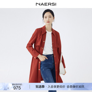 NAERSI/娜尔思红色衬衣领四面弹百搭风衣女2024春中长款外套