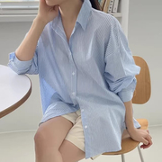 韩国chic春季小众经典翻领单排扣宽松休闲小个子百搭长袖条纹衬衫