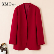 高端轻奢宽松红色V领西装女春装气质显瘦中长款西服外套大码