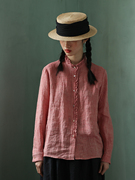 豆屋制衣 文艺色织亚麻粉色花边长袖衬衫女宽松设计感小众上衣