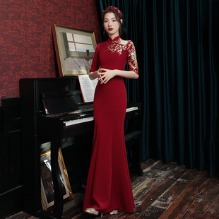 中式红色旗袍女2024订婚礼服，裙日常新娘，敬酒服回门鱼尾连衣裙