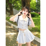 韩系学院风制服套装高腰裙裤，小个子短款上衣甜酷翻领两件套女春夏