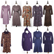 秋冬装vintage古着格子，紫色条纹职业气质纯色连衣裙，复古中长裙