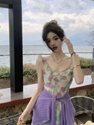 实价紫罗兰长裙夏季法式修身气质高腰飞飞袖绿色清新连衣裙