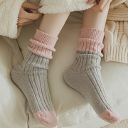 糖果色条纹中筒袜女秋冬加厚保暖羊毛袜日系甜美加绒堆堆袜网红新