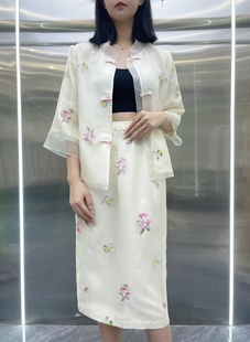 国风新中式重磅刺绣欧根纱真丝上衣+半身裙套装甜美套装裙两件套