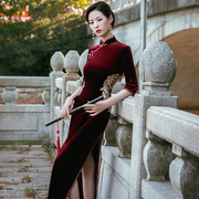 金丝绒旗袍2023年女中国风复古气质长款中袖改良版连衣裙优雅
