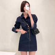 韩国chic秋季洋气复古翻领明线设计单排扣收腰显瘦长袖牛仔连衣裙