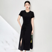 2024夏季复古新中式，旗袍改良下摆开叉针织，弹力连衣裙黑色名媛