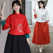 原创设计中国风改良唐装旗袍上衣，松紧腰半身裙，秋冬季中式茶服套装