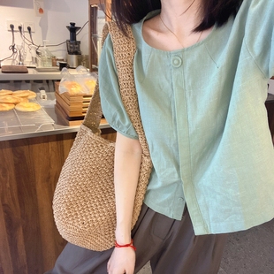 小妍家日系宽松显瘦短袖衬衫女夏季绿色棉麻上衣简约单排扣小衫