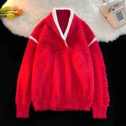 马海毛红色毛衣男款过年喜庆战袍针织衫冬季情侣装跨年本命年外套