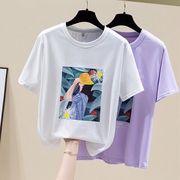 紫色短袖t恤女夏季2022设计感小众宽松显瘦上衣纯棉t桖潮