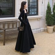 黑色法式长袖赫本风收腰长裙春季女式棉质高级感春夏设计感连衣裙