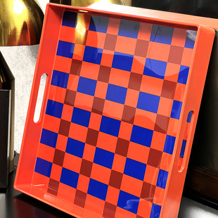 中古橙蓝黑白棋盘格托盘茶水盘装饰样板间茶几玄关收纳托盘正方形