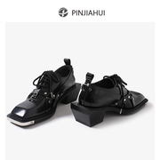 pinjiahui 男女同款暗黑粗跟德比鞋方头英伦风小皮鞋女小众设计感
