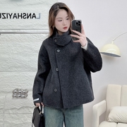 韩版立领双面羊绒短款大衣女秋冬宽松显瘦设计感小个子羊毛呢外套