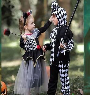 儿童万圣节服装女童小丑格子裙化装舞会男童狂欢派对cosplay演出