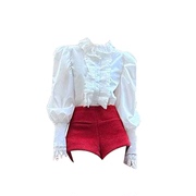 大码胖MM法式宫廷风复古花边领衬衫女款重工白色上衣红色短裤套装