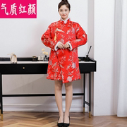 红色唐装中国风，中式汉服改良旗袍外套，女秋冬装夹棉加厚中长款棉衣