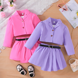 KIKOBABY女童外套+背心+短裙三件套欧美西装3-7岁半身裙紫色套装