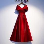 红色敬酒服新娘，2024v领显平时可穿连衣裙主持人长款晚礼服定