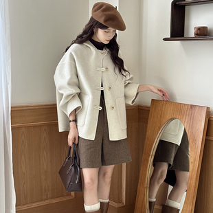 秋冬韩版国风双面羊绒大衣女，短款连帽小个子，高级感宽松羊毛呢外套