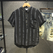 夏季高端黑色条纹短袖衬衫男士日系亚麻布料宽松舒适透气衬衣