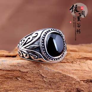 925纯银复古泰银欧美个性黑玛瑙戒指，男士食指戒指大气流行指环