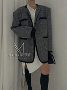 韩国女装2024早春设计师廓形英伦风格纹香风拼色西装外套
