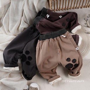 冬季小童宝宝加绒保暖休闲裤，男童纯棉可开档双层婴儿绒长裤子
