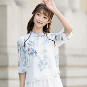 中国风女装春夏季民族，风文艺复古改良印花雪纺衬衫中式唐装上衣
