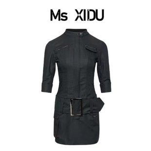 msxidu甜酷辣妹黑色中袖工装连衣裙，女美式复古设计感修身短裙秋