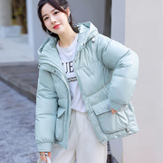 水蓝色羽绒棉服，女短款小个子棉袄冬季韩版宽松连帽学生棉衣外套潮