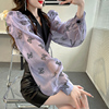 蝴蝶印花雪纺衫仙香芋紫色上衣高级感泡泡袖，拼接衬衫女设计感衬衣
