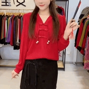 新中式v领流苏t恤衫女盘扣，褶皱红色洋气，复古上衣百搭国风打底衫潮