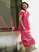 天丝苎麻显白玫粉色，茧型无束缚感宽松短袖连衣裙夏纯色裙子