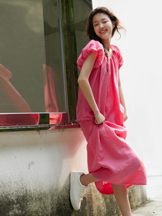 天丝苎麻显白玫粉色，茧型无束缚感宽松短袖，连衣裙夏纯色裙子