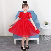 女童连衣裙夏装红色蕾丝裙六一儿童节泡泡短袖白纱公主裙演出礼服