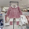 韩国童装冬女童宝，甜美花瓣领加绒，粉色卫衣长裤配发带套装