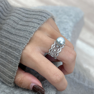 方糖家 轻奢复古镂空S925纯银宽版蕾丝珍珠戒指开口精致食指指环