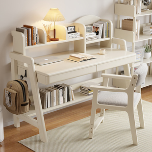 北欧白色实木书桌书架一体桌，简约学生家用学习桌卧室电脑桌儿童