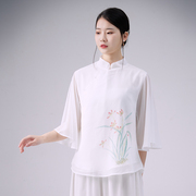 中国风唐装女2024夏季中式复古印花雪纺衬衫禅意旗袍茶服上衣
