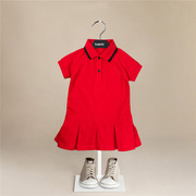 高端女童女宝宝针织polo裙夏装红色洋气连衣裙女孩短袖纯棉英伦风