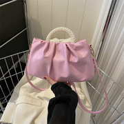 珍珠流行包包女2024夏季潮时尚纯色，褶皱链条包潮感单肩斜跨包